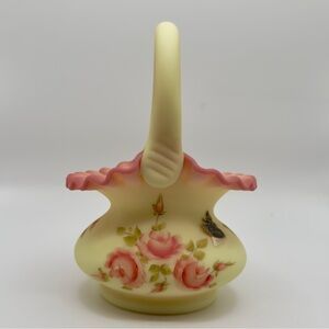 FENTON Burmese Uranium Custard Basket Signed Gloria Finn Hand Painted Roses
